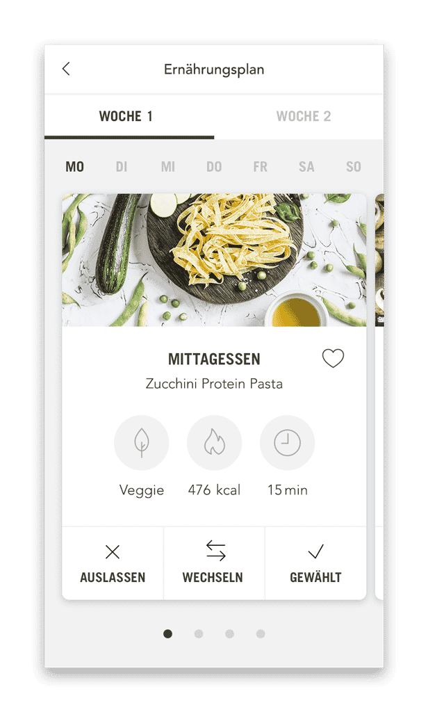 Ernährungsplan Plan mit Mahlzeiten (Smartphone Ansicht Beispiel Tag)